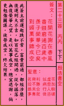 關帝靈籤第二十三籤：丙丙 (下下) 殷浩書空