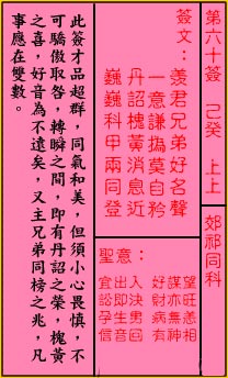 關帝靈籤第六十籤：己癸 (上上) 郊祁同科