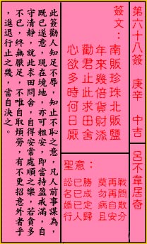 關帝靈籤第六十八籤：庚辛 (中吉) 呂不韋居奇