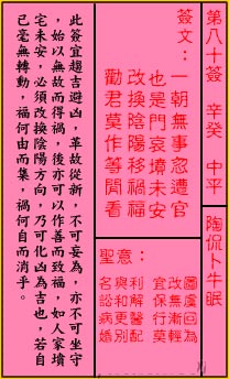 關帝靈籤第八十籤：辛癸 (中平) 陶侃卜牛眠